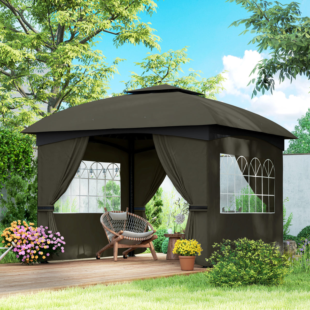 11x11 Outdoor Gazebo with Double Roof and Curtains