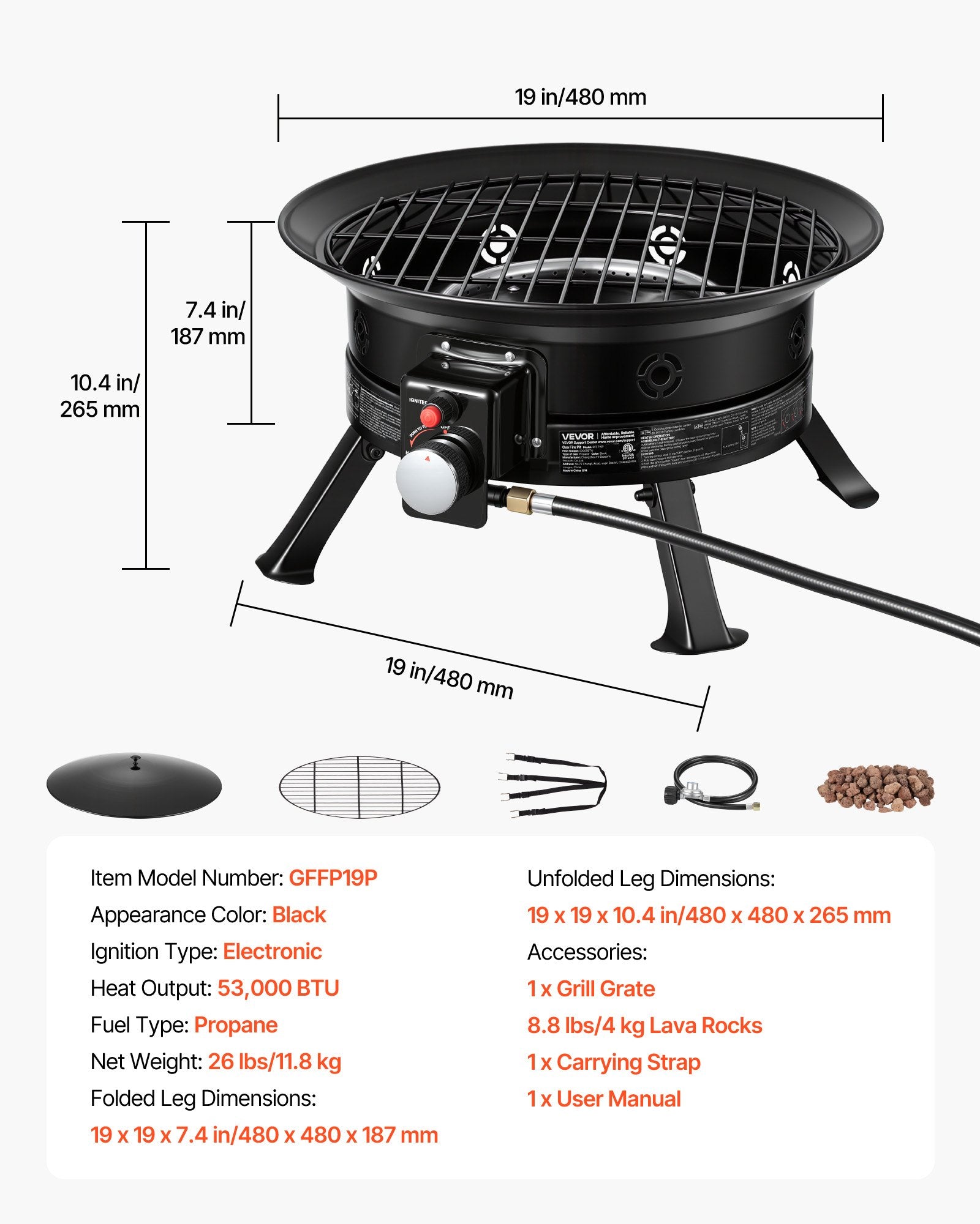19-Inch Propane Fire Pit, 53,000 BTU Portable Gas