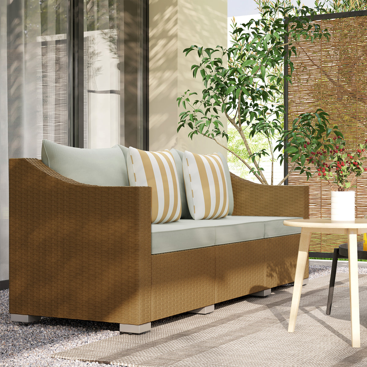 Rattan Wicker 3-Seater Patio Sofa with Cushions & Pillows