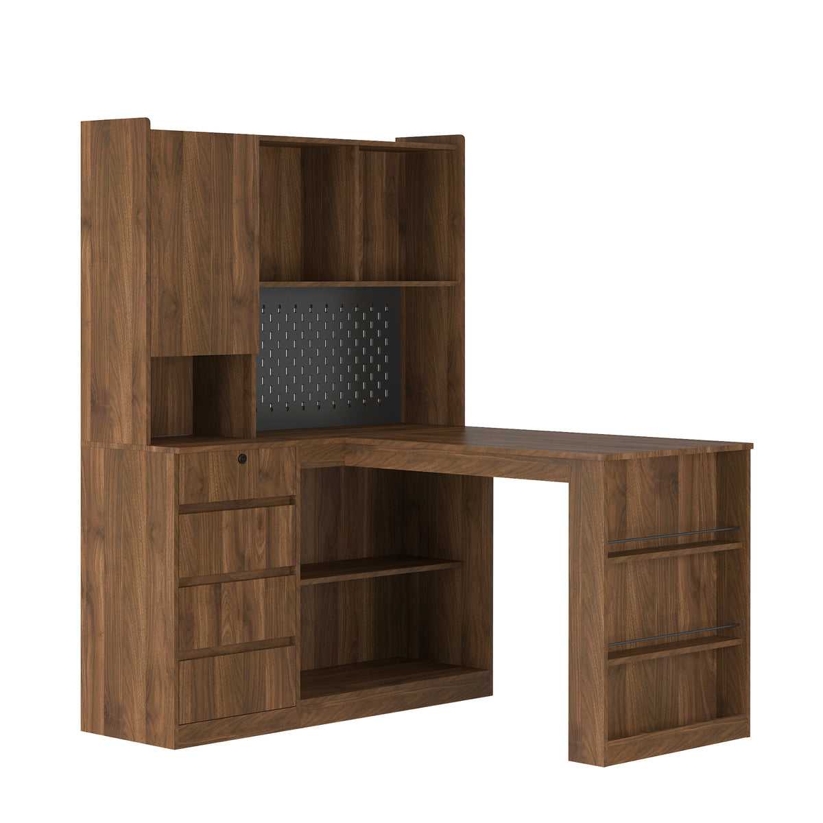L-Shaped Corner Desk with Drawers, Shelves & LED Light