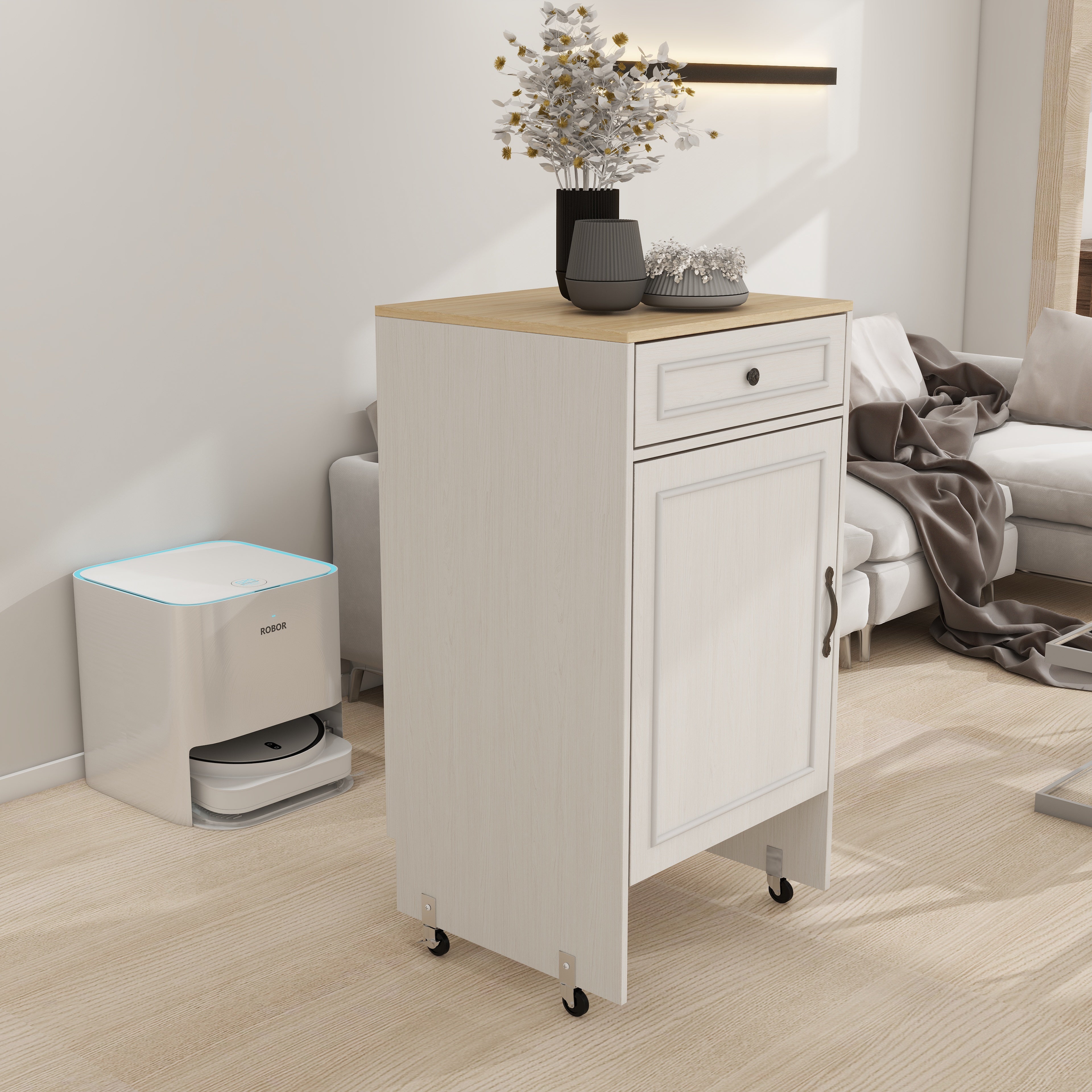 Robot Vacuum Storage Cabinet With Doors and Drawers