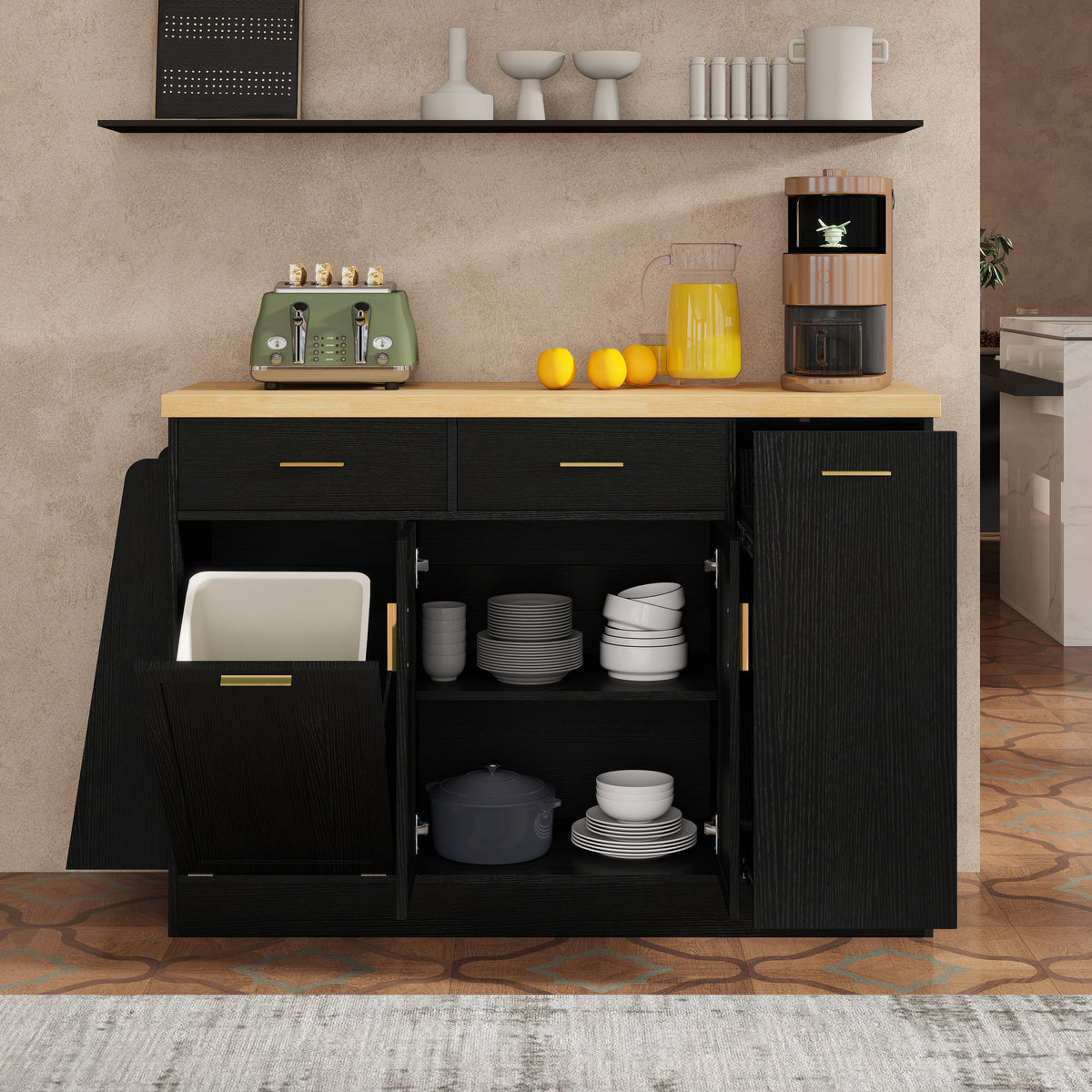 TREXM Multi-Functional Storage Sideboard Trash Can Storage Sliding