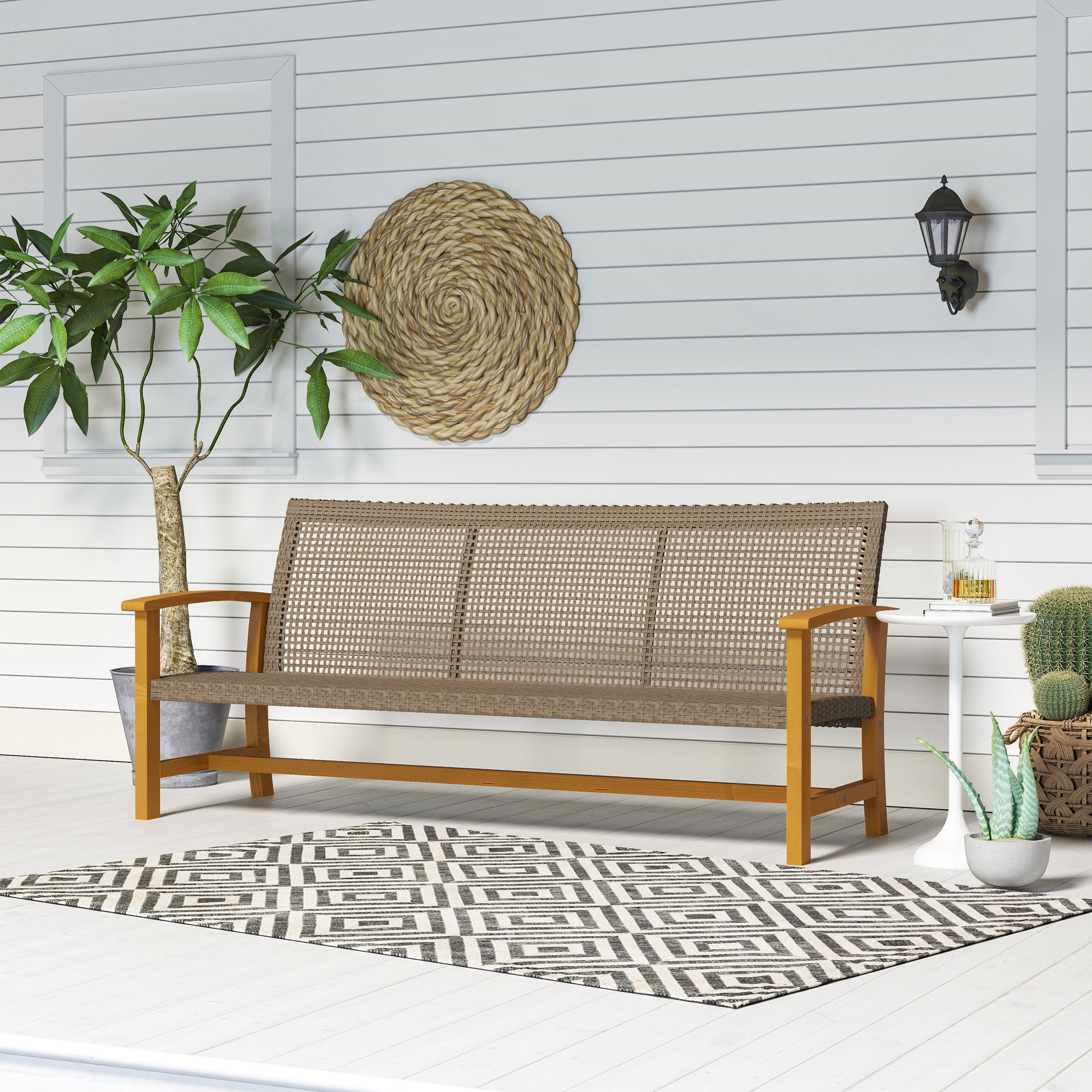 3-Seat Wicker Outdoor Couch with Acacia Wood & Steel Armrests