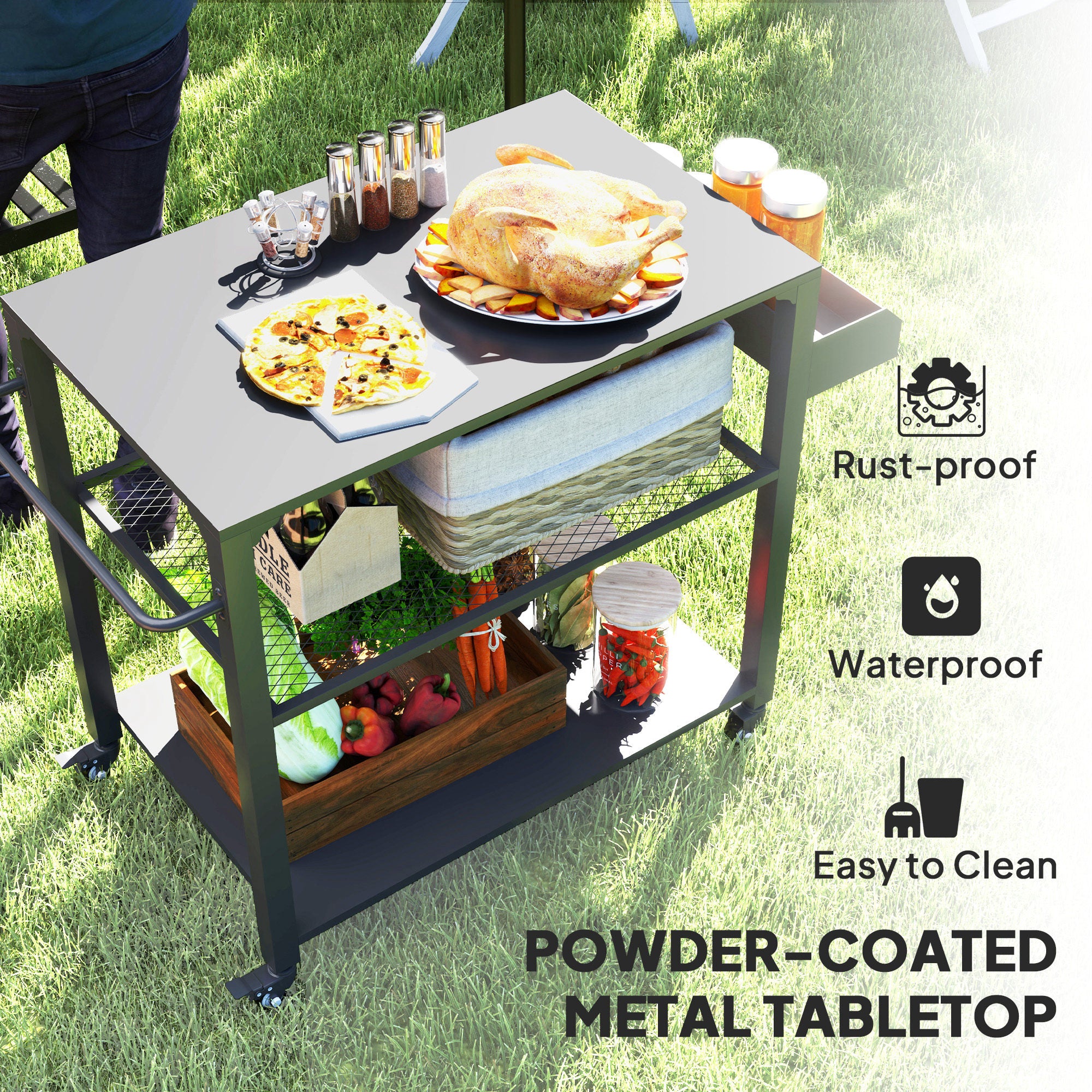 3-Tier Outdoor Grill Cart with Wheels and Storage