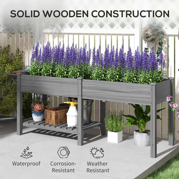 Wood Raised Garden Box with Side Table & Bottom Shelf