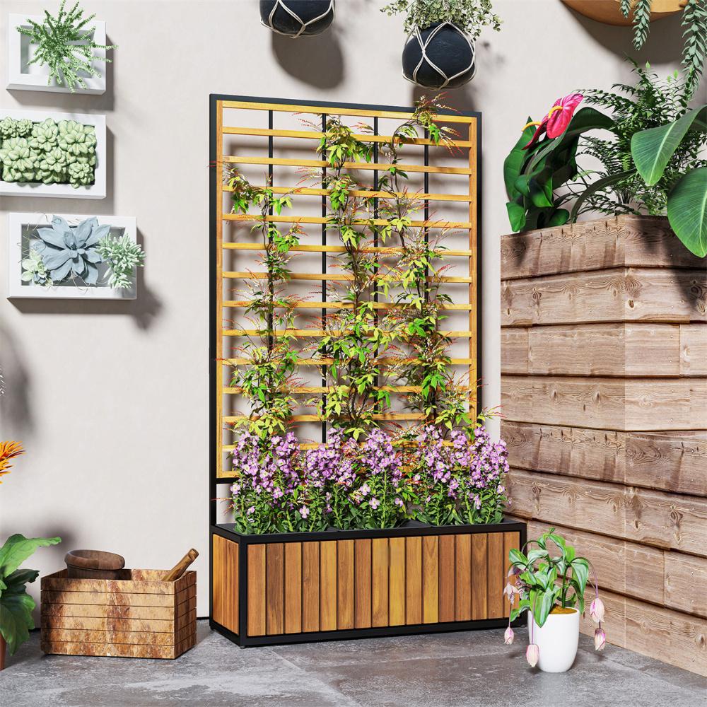 Wooden Raised Garden Bed With Trellis