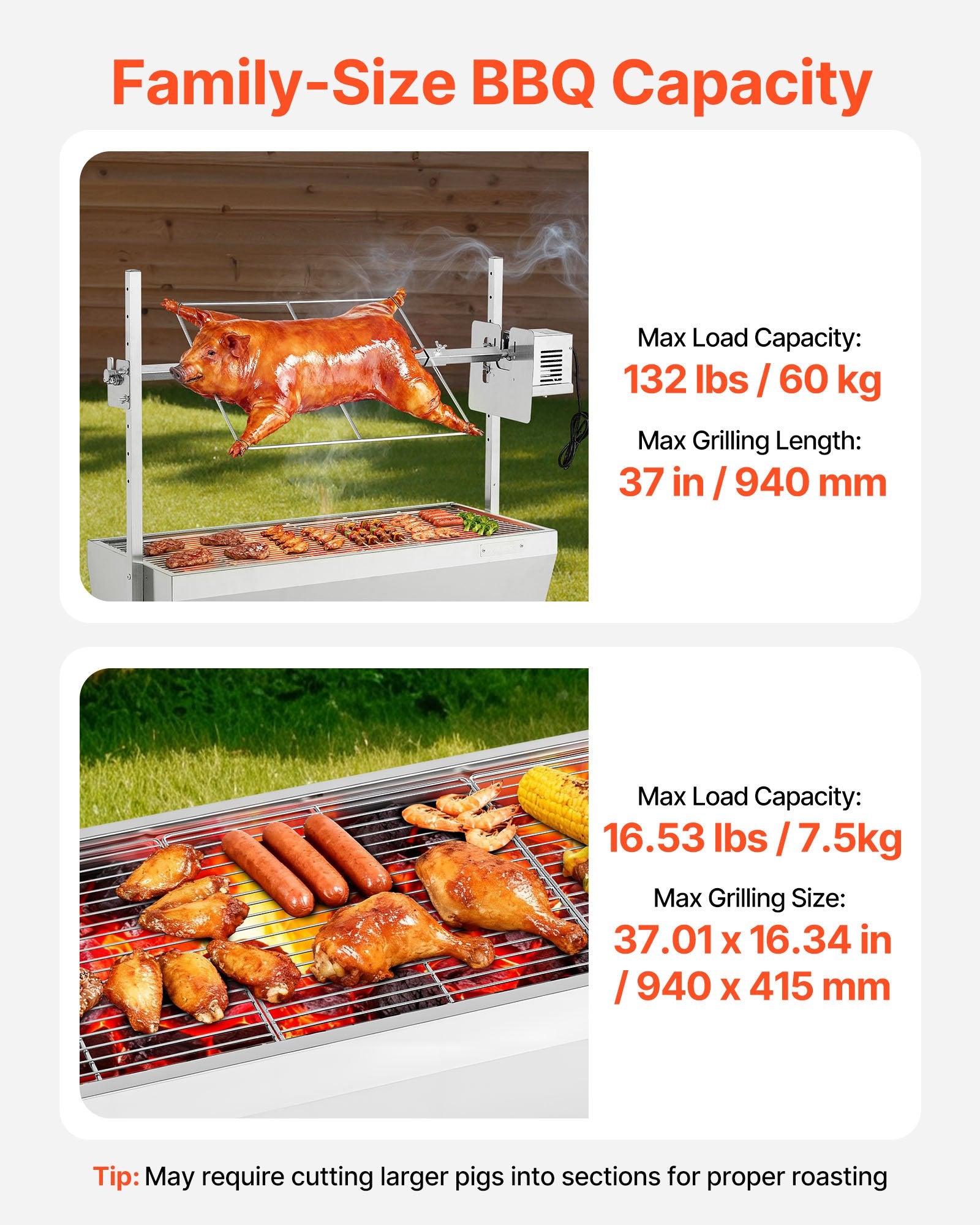 38W Electric Rotisserie Spit Roaster, 132 LBS Capacity