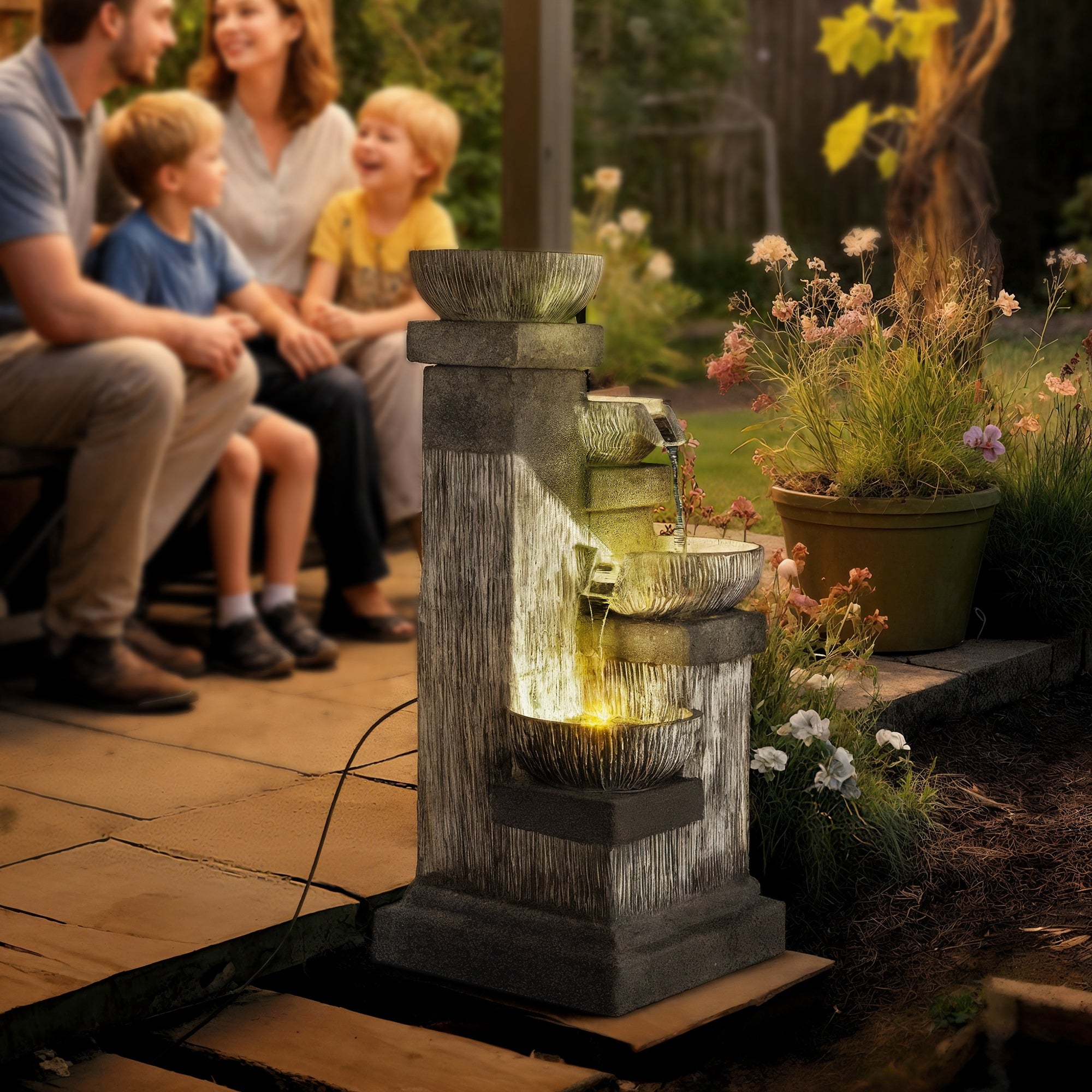 33.5" 4-Tier Resin Cascading Bowls Water Fountain with LED