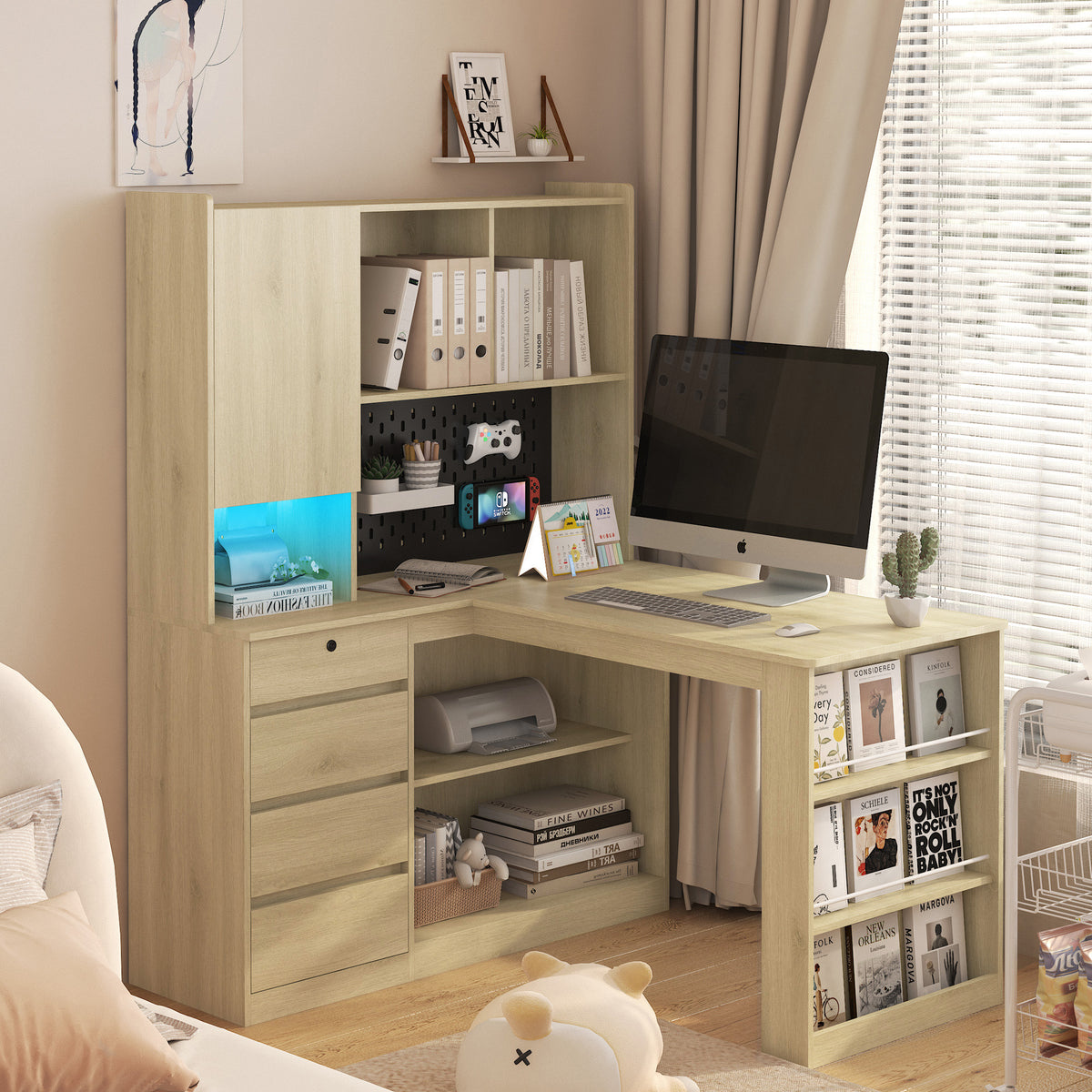 L-Shaped Corner Desk with Drawers, Bookshelf & LED Light