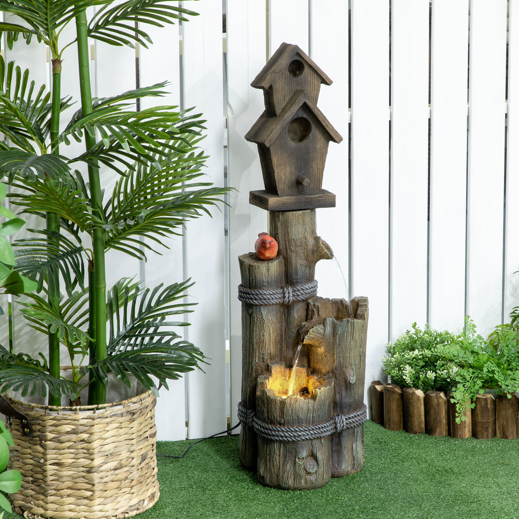 3-Tier Cascading Garden Fountain with Birdhouse & LED Lights