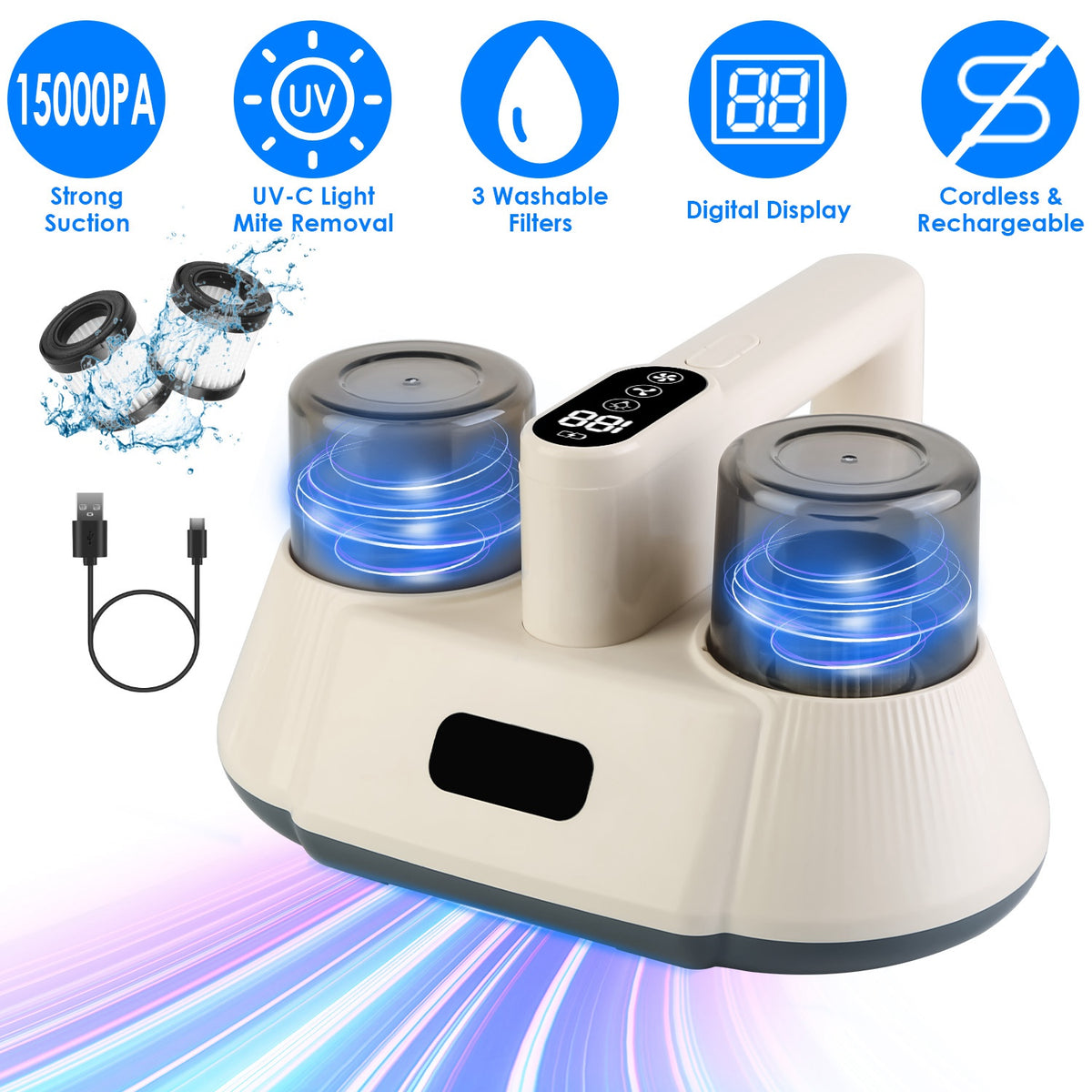 15000PA Cordless Mattress Vacuum with UV-C Light