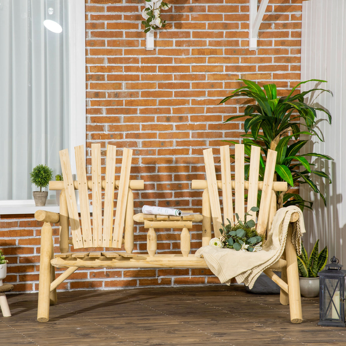 2-Seat Wooden Adirondack Bench with Built-in Table
