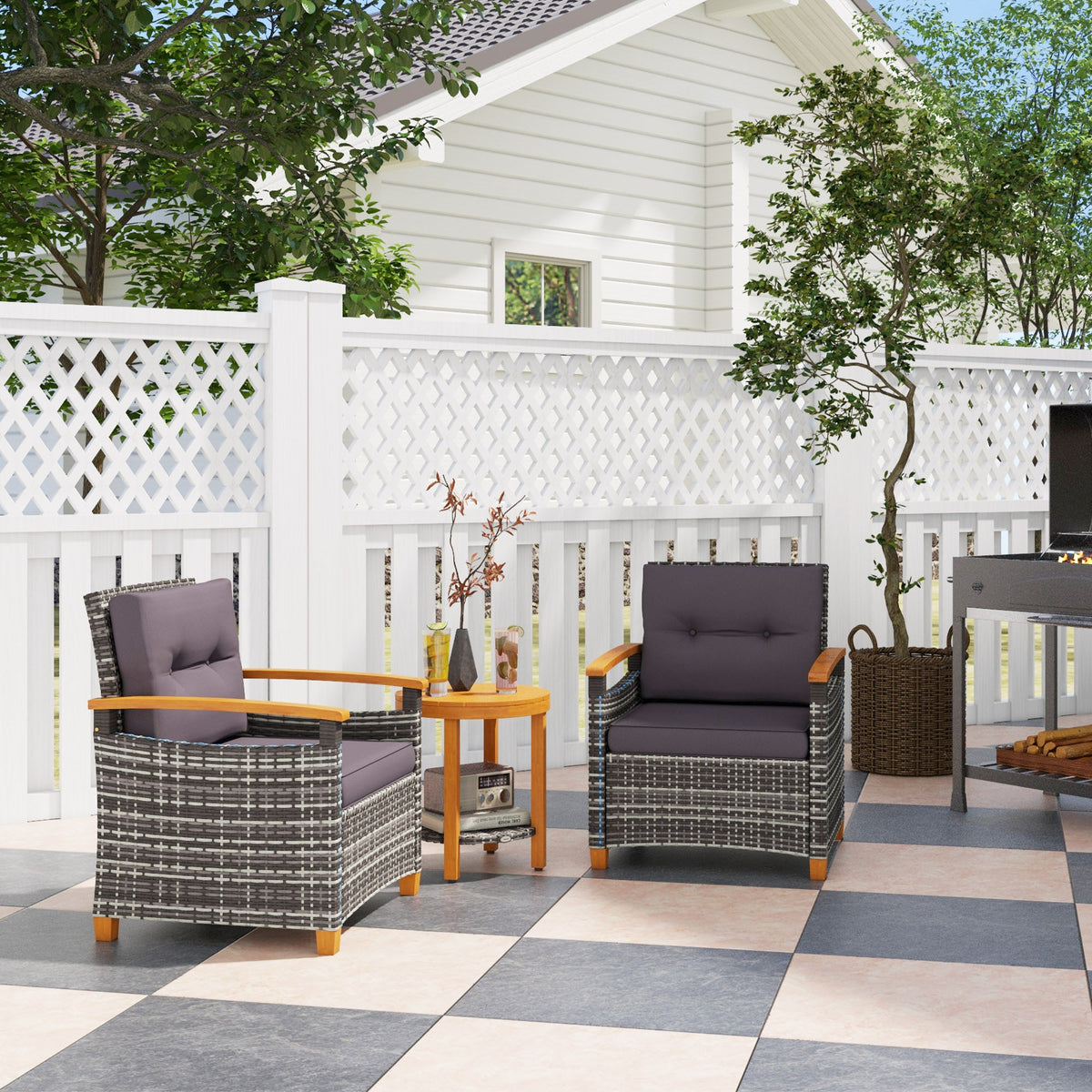 4-Piece Wicker Patio Bistro Set with Cushions, Gray