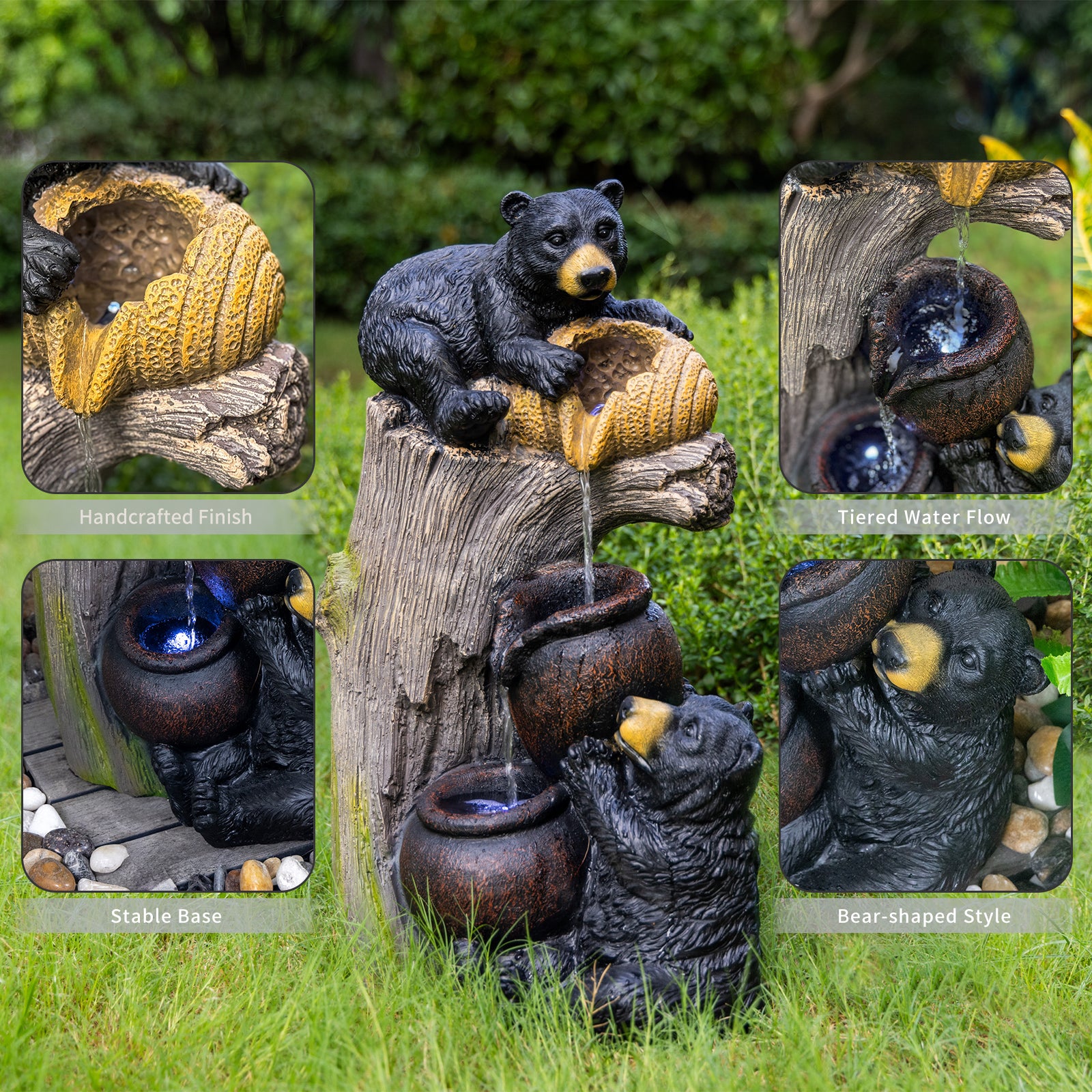 Bear Outdoor Water Fountain with LED Lights 23.62in