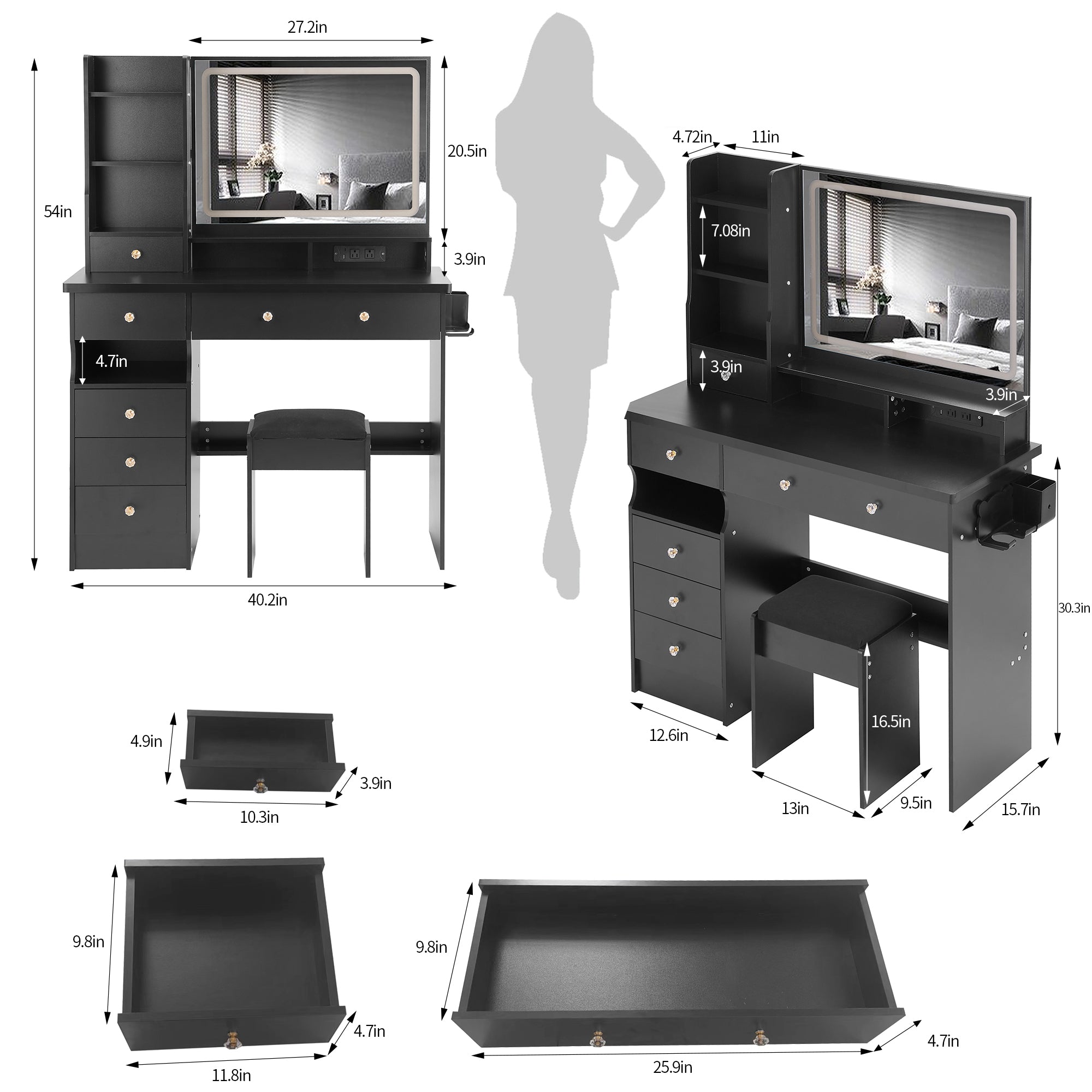 41" Large Vanity Desk Set with Cushioned Stool & LED Mirror