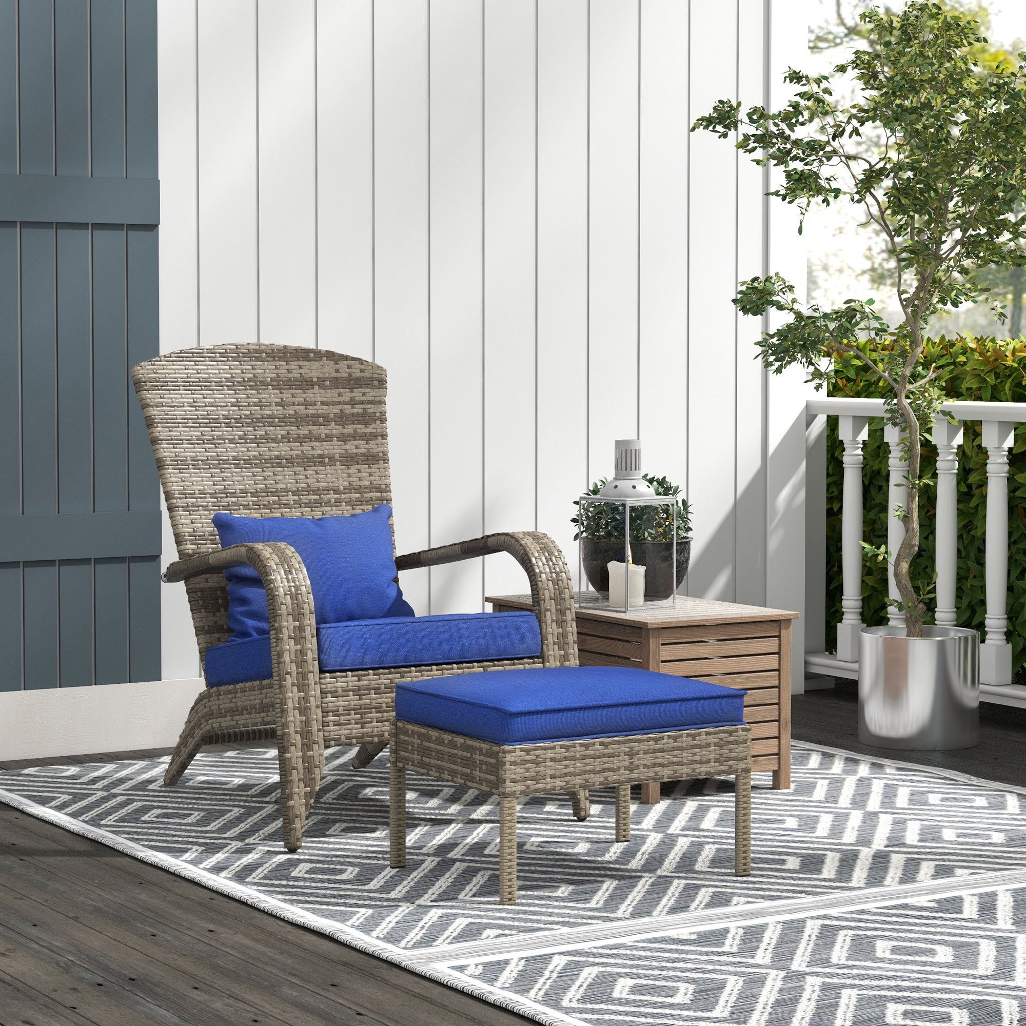 Wicker Adirondack Chair with Ottoman & Cushions, Blue