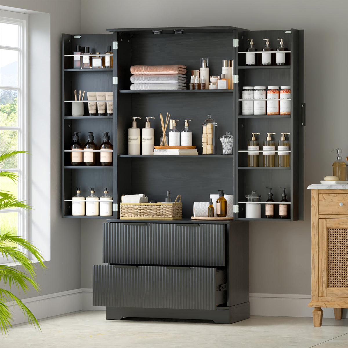 72" Modern Fluted Kitchen Pantry Cabinet With 2 Large Drawers &
