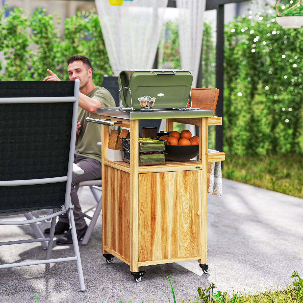 Outdoor Grill Cart w/ Stainless Steel Top & Wood Island