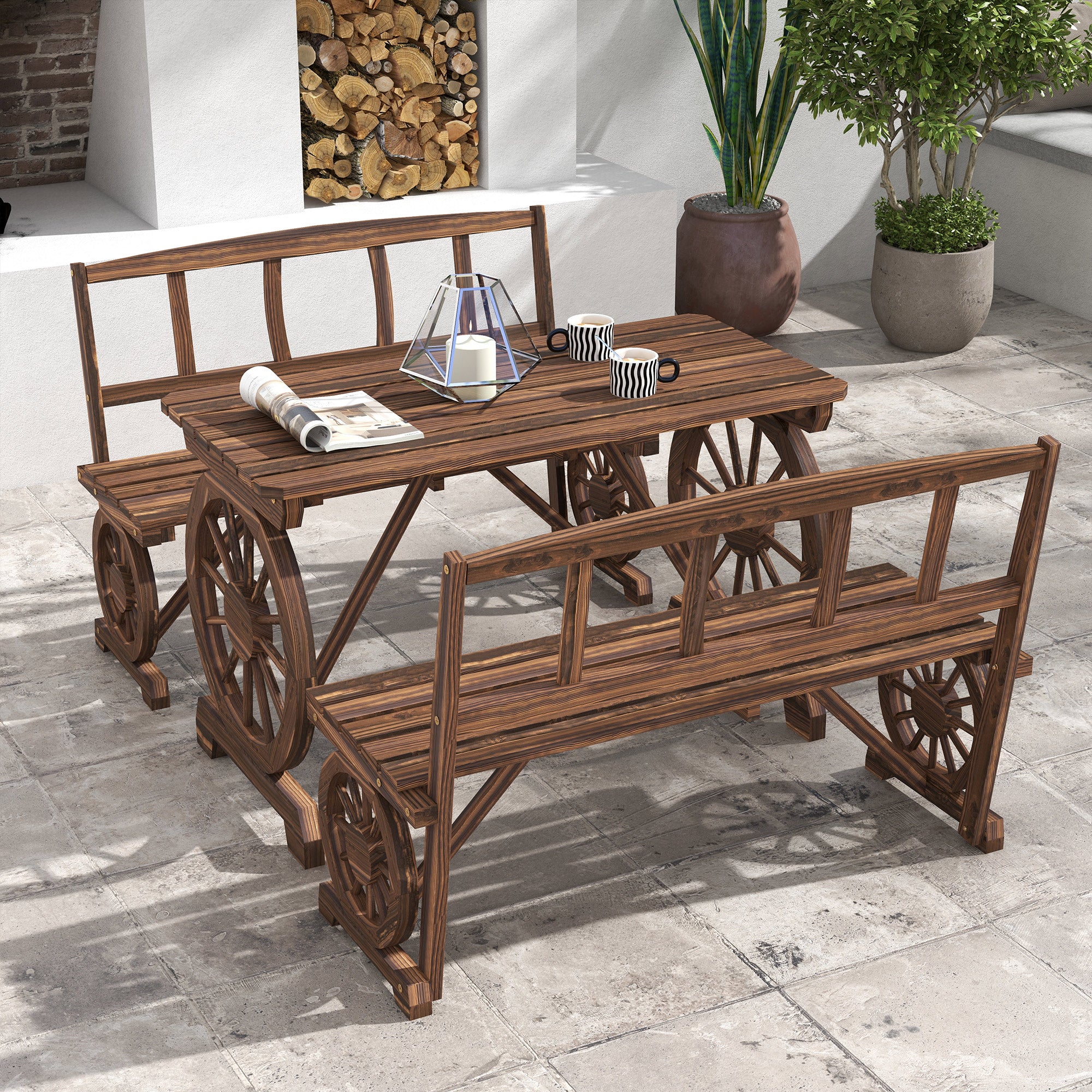 4-Person Patio Dining Set, Wagon Wheel Design, Carbonized