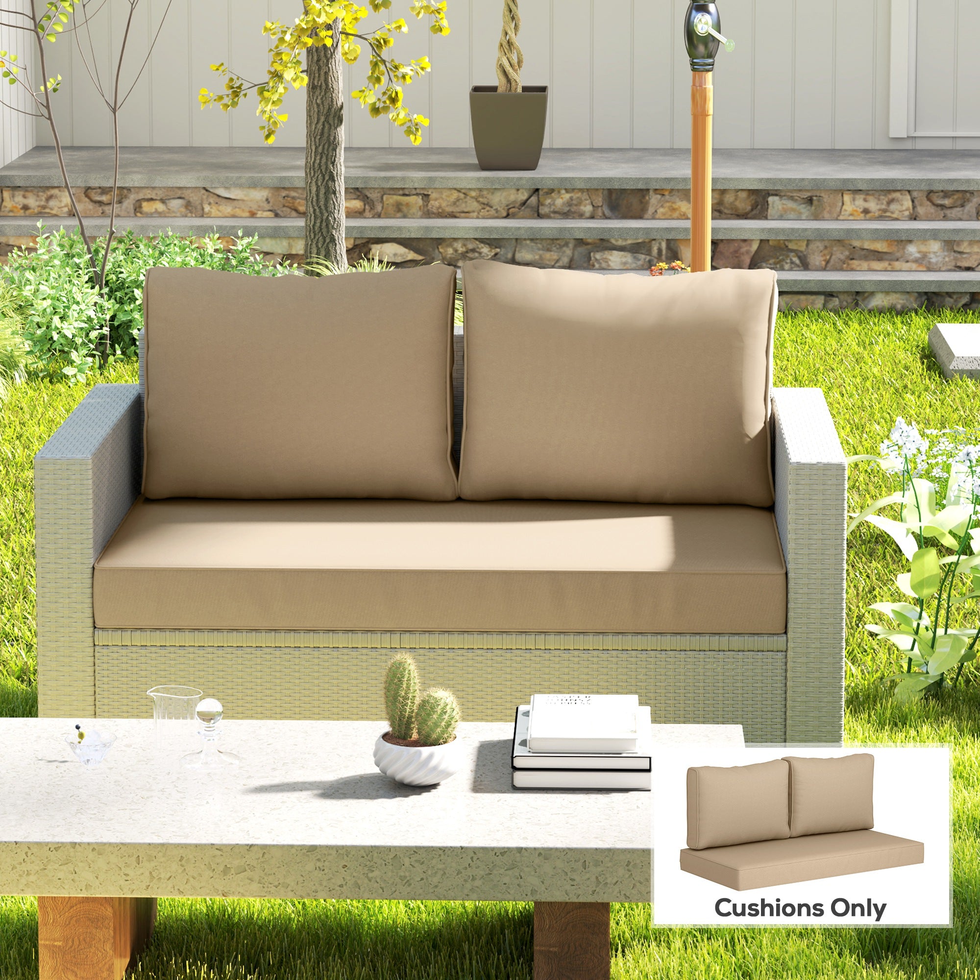 2-Seat Patio Loveseat Cushion Set, 46x26x5 In, Beige